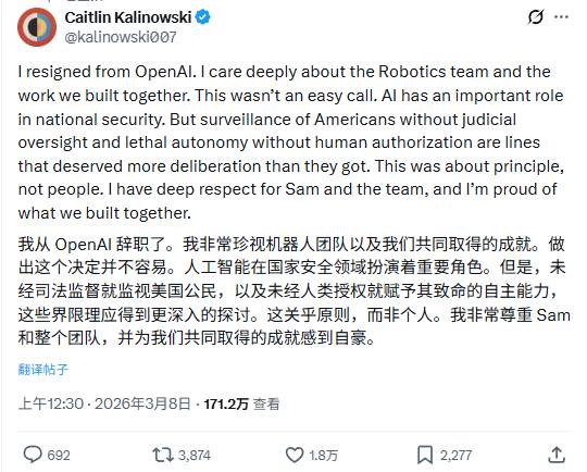 OpenAI硬件负责人离职，抗议公司仓促推进国防合作；伦理红线引发内部争议。